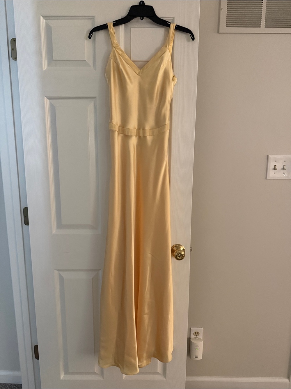 Faviana Satin V-Neck Spaghetti Strap Wedding Gown in Pale Yellow